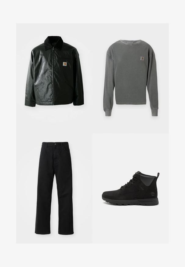 Black zip-up jacket made of smooth, shiny material. Features a corduroy collar, two front pockets, and a small logo patch on the chest.; Gray long-sleeve crewneck sweatshirt with ribbed texture, featuring a small square logo patch on the left chest and ribbed cuffs.; Black denim pants with a straight cut, featuring front pockets, a zip fly, and a single top button. Textured fabric with a matte finish.; Black high-top boots made of suede and synthetic materials, featuring a textured surface, lace-up design, and rubber sole with grip.