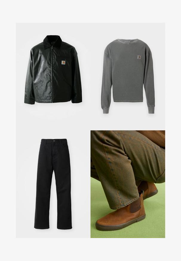 Black zip-up jacket made of smooth, shiny material. Features a corduroy collar, two front pockets, and a small logo patch on the chest.; Gray long-sleeve crewneck sweatshirt with ribbed texture, featuring a small square logo patch on the left chest and ribbed cuffs.; Black denim pants with a straight cut, featuring front pockets, a zip fly, and a single top button. Textured fabric with a matte finish.; Brown leather ankle boots with a smooth finish, elastic side panels, and rubber soles, paired with dark green textured pants.