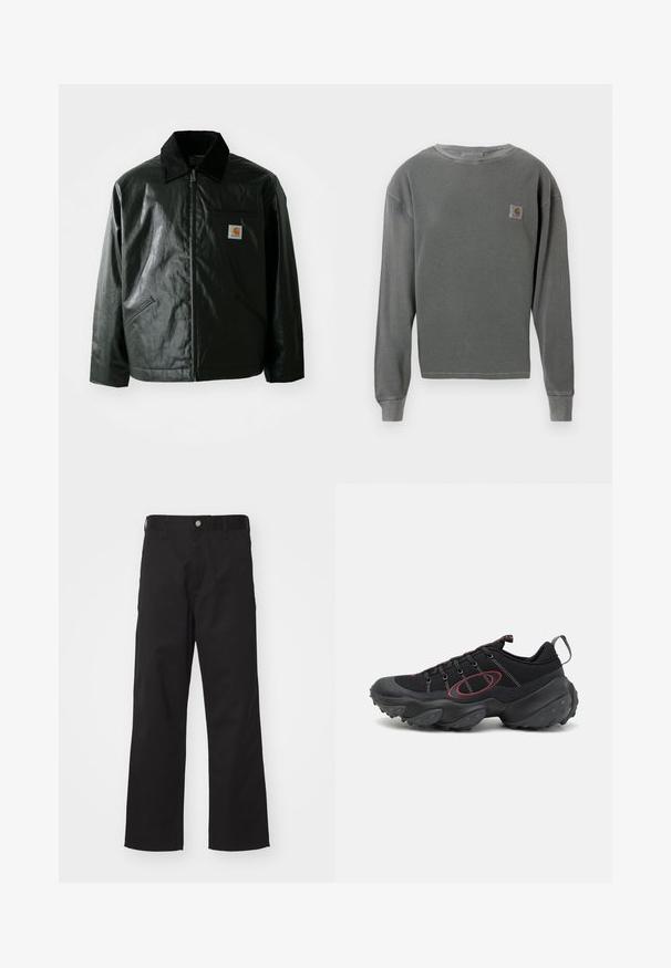 Must mustaga, läikiva materjaliga musta värvi jakk. Omab kordonilõikega kraed, kahte esikäe taskut ja väikest logo sildi rinnal.; Hallhunnik, halli pikad varrukad, ümar kaelus, millel on ribakujundus. Vasakul rinnal on väike ruudukujuline logo ja ribakujundusega varrukate otsad.; Mustad musträbides valmistatud mustad püksid sirge lõikega, ees nuppe sulgemisega, vööniidid ja ilma nähtavate mustrite või aksessuaarideta.; Mustad mustreesid tekstureeritud võrgust pealmisega, kontrastsete punaste aktsentidega ja massiivse kummitaldaga, millel on ümardatud haardepinnad.