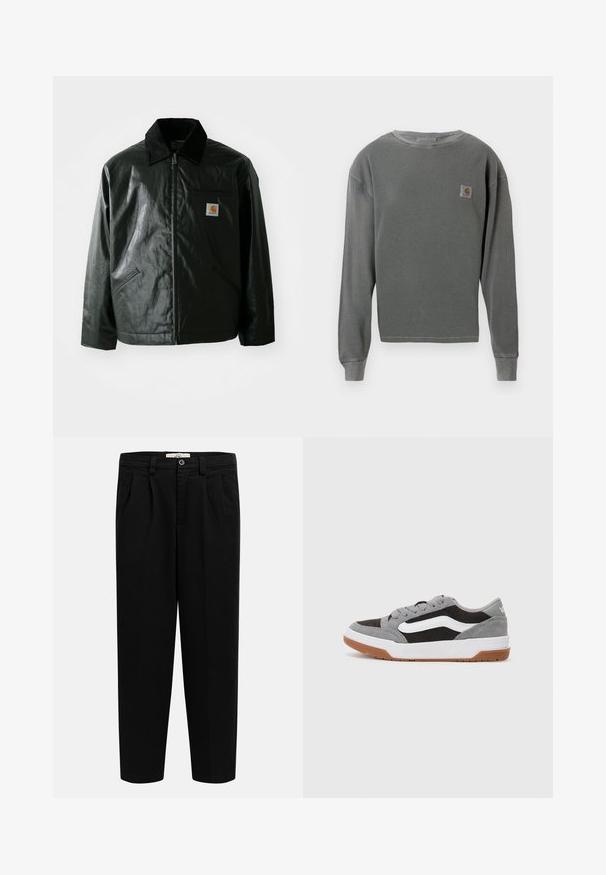 Jachetă neagră cu fermoar, confecționată dintr-un material neted și lucios. Prezintă un guler din catifea, două buzunare frontale și un mic logo brodat pe piept.; Pulover gri cu mânecă lungă și guler rotund, cu textură corduroy, având un mic logo pătrat pe partea stângă a pieptului și manșete corduroy.; Pantaloni negri cu talie înaltă, croială dreaptă, cu bucle pentru curea, pliseuri frontale, buzunare laterale și închidere cu nasture la talie.; Adidași din suede gri și negru cu accente albe și talpă din cauciuc de tip gumă, având vârf rotund și design cu șireturi.