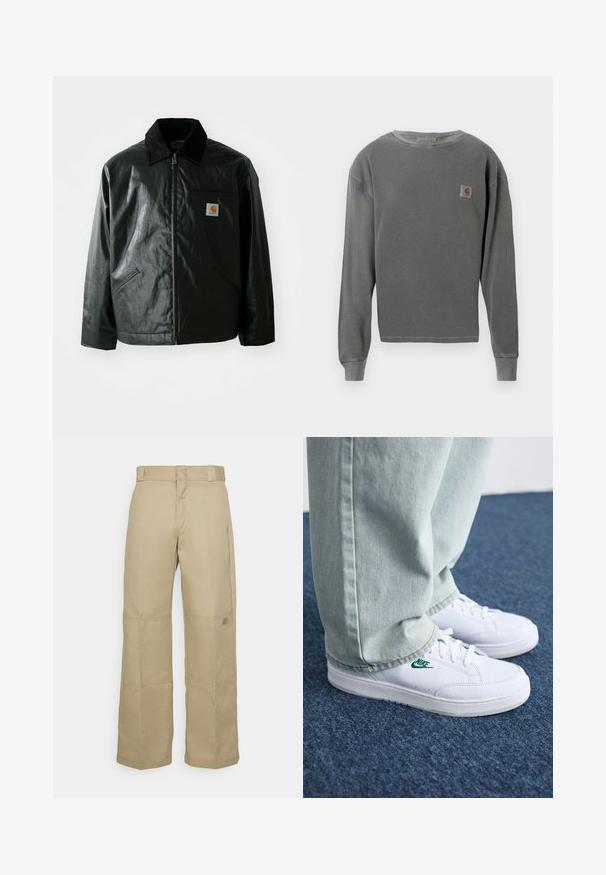 Giacca nera con zip realizzata in materiale liscio e lucido. Presenta un colletto in corduroy, due tasche frontali e una piccola patch con logo sul petto.; Pullover grigio a manica lunga con collo a girocollo, caratterizzato da una texture a coste, con una piccola etichetta quadrata logo sul lato sinistro del petto e polsini a coste.; Pantaloni beige a gamba larga realizzati in un tessuto resistente, con vita alta, cuciture a vista e una piccola toppa con logo sul lato.; Sneakers in pelle bianca con logo Nike verde, punta rotonda, suola piatta, abbinati a pantaloni in denim azzurro, mostrati su un tappeto blu.
