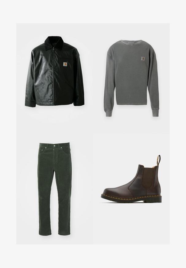 Černá zipová bunda vyrobená z hladkého, lesklého materiálu. Má jemný manžetový límec, dvě přední kapsy a malou značkovou nášivku na hrudi.; Šedá dlouhá mikina s kulatým výstřihem a žebrovanou texturou, s malou čtvercovou nášivkou na levé hrudi a žebrovanými manžetami.; Zelené kordové kalhoty se střihovým designem rovného nohavice, obsahující pět kapes, kovové zapínání na knoflík a texturovaný ribbed povrch.; Hnědé kožené Chelsea boty s elastickými bočními panely, texturovaným podpatkem a kontrastním žlutým prošíváním. Mají poutko pro snadné obouvání.