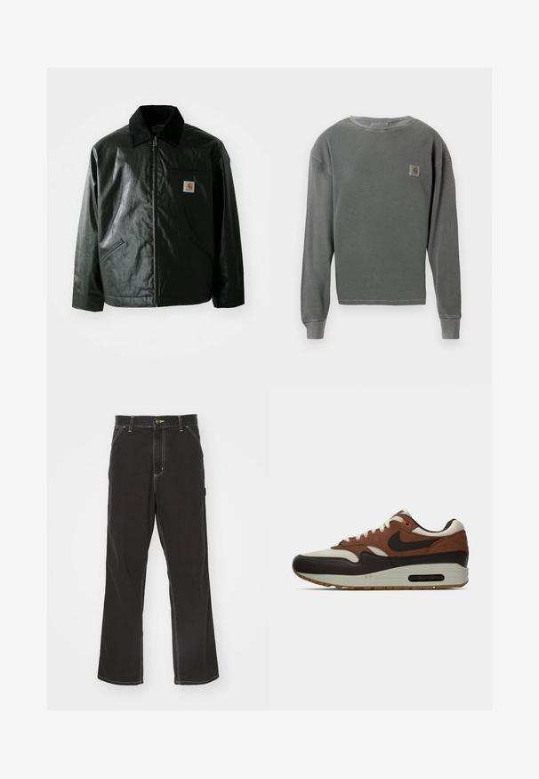 Zwarte ritssluiting jas van glad, glanzend materiaal. Heeft een corduroy kraag, twee voorzakken en een klein logo label op de borst.; Grijze langekatoenen sweatshirt met crewneck en ribbeltextuur, voorzien van een klein vierkant logopatch op de linkerborst en ribgebreide manchetten.; Zwarte denim broek met een rechte pijp, contrasterende witte stiksels, voorzakken en een knoopsluiting bij de taille.; Bruine, crème en zwarte Nike Air Max sneaker met zichtbare luchtkussen zool en vetersluiting, weergegeven in zijprofiel op een witte achtergrond.