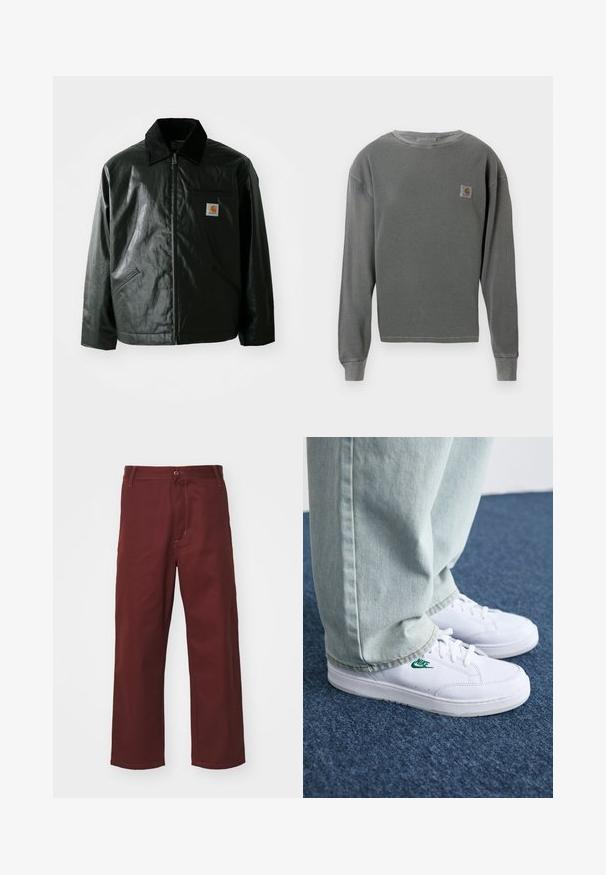 Black zip-up jacket made of smooth, shiny material. Features a corduroy collar, two front pockets, and a small logo patch on the chest.; Gray long-sleeve crewneck sweatshirt with ribbed texture, featuring a small square logo patch on the left chest and ribbed cuffs.; Burgundy, straight-leg pants made of smooth fabric; features a button closure and front pocket. Simple design with stitching accents.; White leather sneakers with green Nike logo, round toe, flat sole, paired with light blue denim pants, shown on a blue carpet.