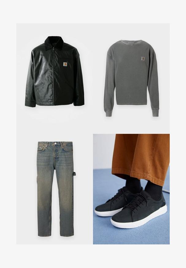 Veste noire zippée en matériau lisse et brillant. Elle dispose d'un col en velours côtelé, de deux poches avant et d'un petit écusson logo sur la poitrine.; Sweatshirt gris à manches longues et col rond avec une texture côtelée, featuring un petit patch logo carré sur la poitrine gauche et des poignets côtelés.; Jean en denim bleu clair avec un effet usé, coupe droite, cinq poches et passants de ceinture. Présente un détail de sangle sur le côté.; Baskets en suede noir avec semelles en caoutchouc blanc, présentant un design à lacets, des accents texturés et une branding discrète, associées à un pantalon marron.