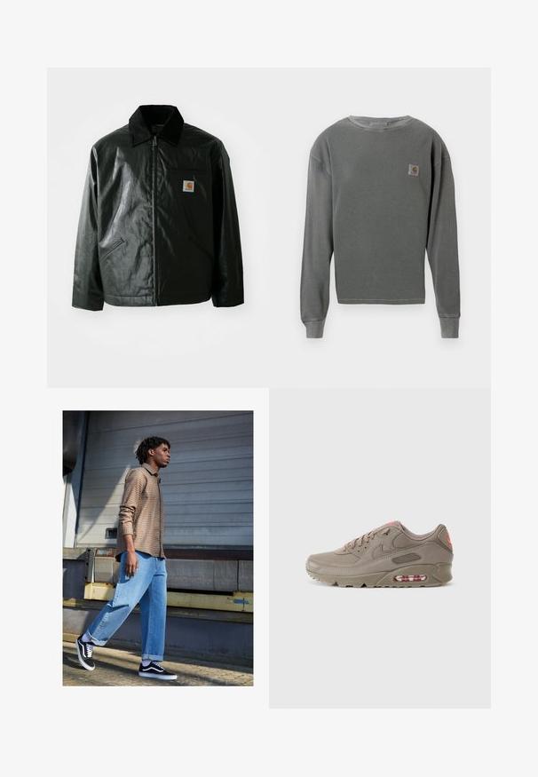 Melnā zip-up jaka, izgatavota no gludas, spīdīgas materiāla. Ir korduroja apkakle, divas priekšējās kabatas un neliela logo placdarma uz krūtīm.; Pelēks garās piedurknes kruzēns ar ribotu tekstūru, ar mazu kvadrātveida logotipa uzšuvumu kreisajā krūtī un ribotām aprocēm.; Brūna raibā krekla, gaiši zila brīva piegriezuma džinsi un melnas kedas. Iezīmes ietver sarullētas piedurknes un kontrastējošas baltas akcentus uz kedām.; Nike Air Max kedas gaisā brūnā krāsā, ar ādas materiālu, teksturētām pārklājumiem, rozā akcentiem un redzamām gaisa aizsargpārklājumiem zoles daļā.