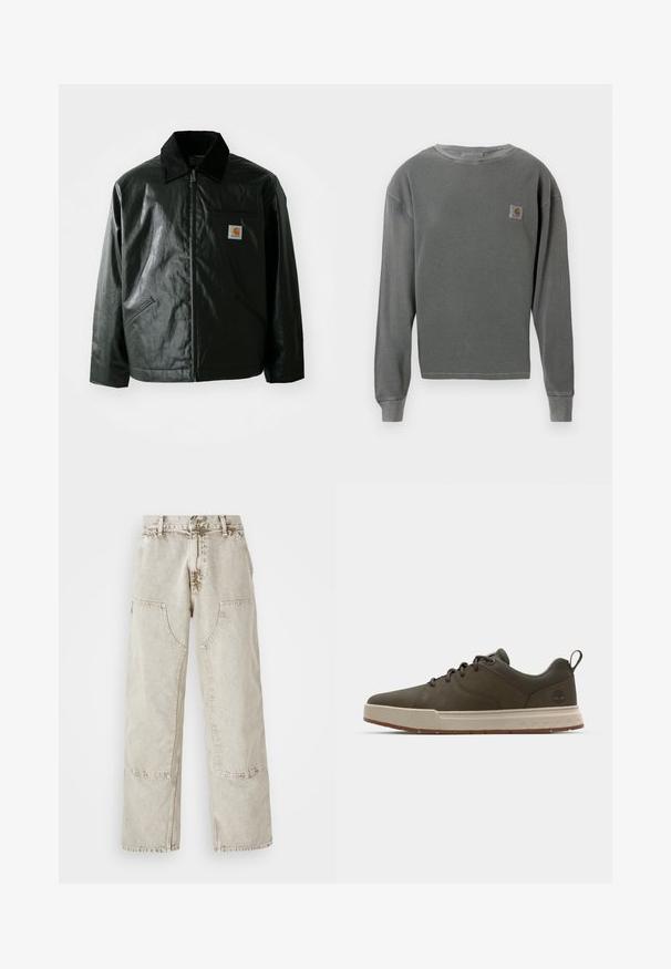 Black zip-up jacket made of smooth, shiny material. Features a corduroy collar, two front pockets, and a small logo patch on the chest.; Gray long-sleeve crewneck sweatshirt with ribbed texture, featuring a small square logo patch on the left chest and ribbed cuffs.; Light beige wide-leg jeans made from denim, featuring large patch pockets, contrast stitching, and a slightly faded texture.; Dark green sneaker with a smooth upper, light beige midsole, and rubber outsole. Features rounded toe and minimal branding on the heel.