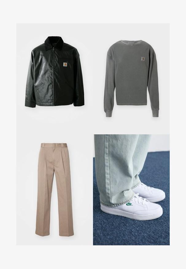 Fekete zipzáros dzseki sima, fényes anyagból. Kordbársony gallérral, két elülső zsebbel és egy kis logós felvarrással a mellkason.; Szürke, hosszú ujjú, crewneck pulcsi bordázott textúrával, a bal mellen egy kis négyzet alakú logóval és bordázott mandzsettával.; Beige, magas derekú, széles lábú nadrág. Két elülső redővel és sima textúrával rendelkezik. Normál hosszúságú, tiszta kivitelezéssel.; Fehér bőr sportcipők zöld Nike logóval, kerek orral, lapos talppal, világoskék farmernadrággal párosítva, kék szőnyegen bemutatva.