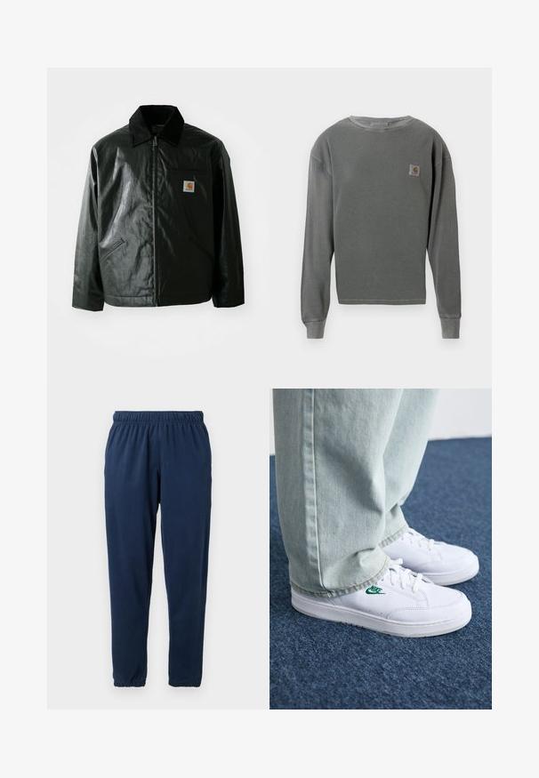 Black zip-up jacket made of smooth, shiny material. Features a corduroy collar, two front pockets, and a small logo patch on the chest.; Gray long-sleeve crewneck sweatshirt with ribbed texture, featuring a small square logo patch on the left chest and ribbed cuffs.; Navy blue sweatpants made of soft fabric, featuring an elastic waistband and tapered legs with elastic cuffs. No visible patterns or accents.; White leather sneakers with green Nike logo, round toe, flat sole, paired with light blue denim pants, shown on a blue carpet.