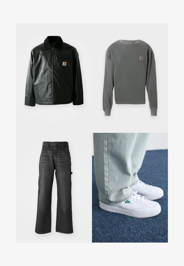 Chaqueta negra con cremallera hecha de un material liso y brillante. Presenta un cuello de pana, dos bolsillos frontales y un pequeño parche con el logo en el pecho.; Sudadera gris de manga larga con cuello redondo y textura acanalada, que presenta un pequeño parche de logo cuadrado en el lado izquierdo del pecho y puños acanalados.; Pantalones de mezclilla negros de pierna ancha, hechos de algodón suave con un acabado desgastado. Cuenta con un cierre de botón en la parte delantera y bolsillos laterales.; Zapatillas de cuero blanco con logo de Nike verde, puntera redonda, suela plana, combinadas con pantalones de mezclilla azul claro, sobre una alfombra azul.