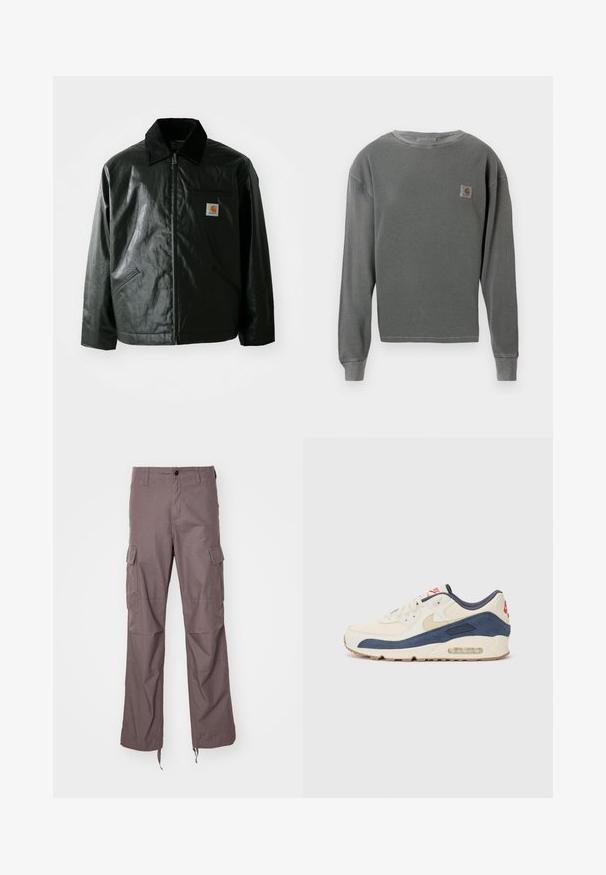 Chaqueta negra con cremallera hecha de un material liso y brillante. Presenta un cuello de pana, dos bolsillos frontales y un pequeño parche con el logo en el pecho.; Sudadera gris de manga larga con cuello redondo y textura acanalada, que presenta un pequeño parche de logo cuadrado en el lado izquierdo del pecho y puños acanalados.; Pantalones cargo en una tela de taupe texturizado, con múltiples bolsillos laterales, un diseño de pierna recta y correas ajustables en el dobladillo.; Zapatillas con parte superior de cuero crema y gamuza azul marino, que presentan una suela de aire visible, suela de goma beige y un acento rojo en el talón.
