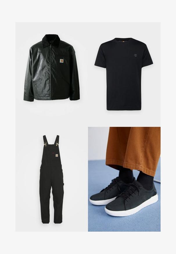 Juodas užtrauktuku užsegamas švarkas, pagamintas iš glotnaus, blizgaus medžiagos. Savybė - keteros apykaklė, dvi priekinės kišenės ir mažas logotipo ženklelis ant krūtinės.; Juodas medvilninis marškinėliai su apvalia iškirpte, trumpomis rankovėmis ir mažai, siuvinėta logotipu krūtinėje. Lygus paviršius, klasikinis siluetas.; Juodos medvilninės kombinezono kelnės, turinčios reguliuojamus dirželius, priekinį kišenę su logotipo klijuote ir dvi šonines kišenes, bei laisvą siluetą.; Juodi zomšiniai sneakeriai su baltais guminiais padais, su raištelių uždėjimo dizainu, tekstūruotais akcentais ir subtiliu prekių ženklu, derinami su rudomis kelnėmis.