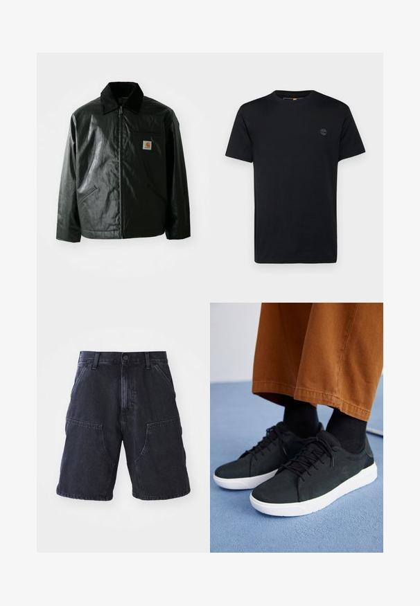 Čierna bundu na zips vyrobenú z hladkého, lesklého materiálu. Obsahuje kordový golier, dve predné vrecká a malú nášivku s logom na hrudi.; Čierne bavlnené tričko s okrúhlym výstrihom, krátkymi rukávmi a malým vyšívaným logom na hrudi. Hladká textúra, klasický strih.; Tmavé denim šortky s rovnými nohavicami, veľkými prednými vreckami a gombíkovým zapínaním; hladká textúra a minimálne švy.; Čierne zamatové tenisky s bielymi gumovými podrážkami, so šnurovacím dizajnom, textúrovanými akcentami a decentným brandingom, skombinované s hnedými nohavicami.