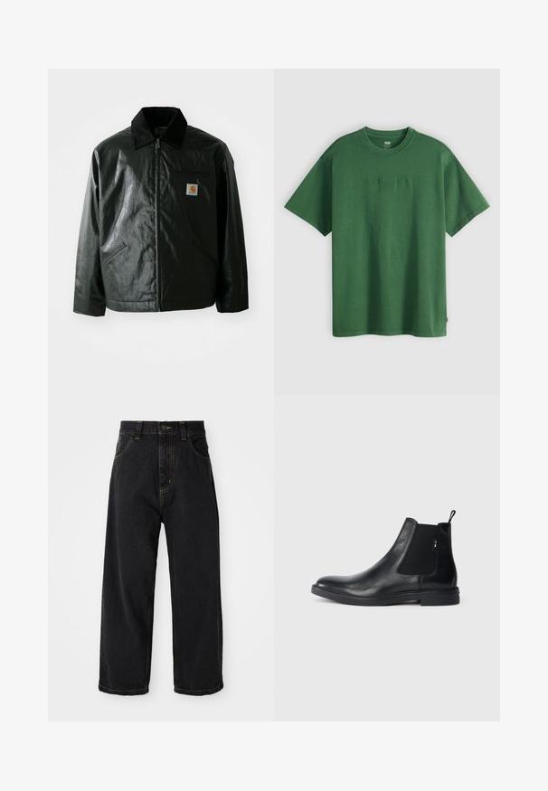 Svart zip-up jakke laget av jevnt, blankt materiale. Har en kordfløyelskrage, to frontlommer og en liten logo-lapp på brystet.; Grønn bomull T-skjorte med korte ermer, med ton-i-ton brodert logo "Levi Strauss & Co." på forsiden og en klassisk rund halsdesign.; Svarte vide denimbukser med høy midje, frontknapp, glidelås og gul stikning på lommer og sømmer.; Sorte skinn Chelsea støvler med elastiske sidepaneler, en trekkstang og en flat gummisåle. Jevn tekstur med minimal detaljering.