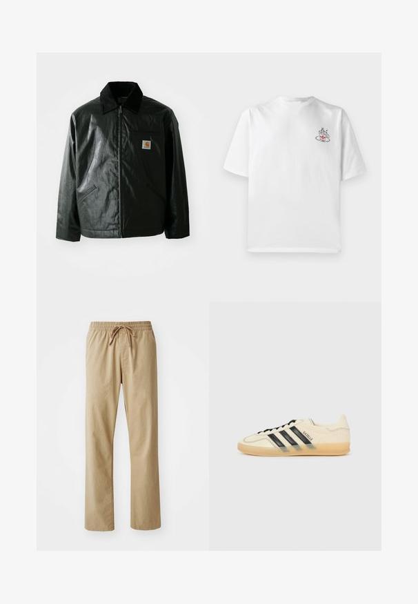 Svart zip-up jacka gjord av slätt, glänsande material. Har en manchesterkrage, två framfickor och en liten logotyp på bröstet.; Vit bomull t-shirt med kort ärm, som har en liten rosa och svart kaffekoppsgrafik på vänster bröst.; Ljusbeiga byxor med elastisk midja och dragsko. Tillverkade av mjukt tyg, med rak passform och en jämn yta.; Ljust krämfärgad sneaker med svart tre-stripesdesign, strukturerad ovandel, rund tå och gummisula. Har snörning och varumärke på sidan.