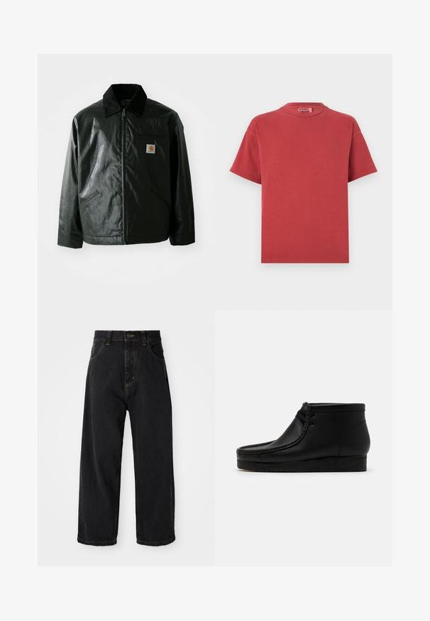 Casaco preto com fecho éclair, feito de material liso e brilhante. Apresenta um colarinho de veludo, dois bolsos frontais e um pequeno emblema no peito.; T-shirt de algodão vermelho com decote redondo e mangas curtas, apresentando uma textura suave e um corte descontraído. Sem padrões visíveis ou detalhes em metal.; Calças de ganga largas pretas com cintura alta, botão frontal, fecho de correr e costuras amarelas nos bolsos e nas costuras.; Botas de tornozelo de couro preto com bico arredondado, detalhes costurados e uma sola de borracha macia. Apresenta um design de amarração frontal.
