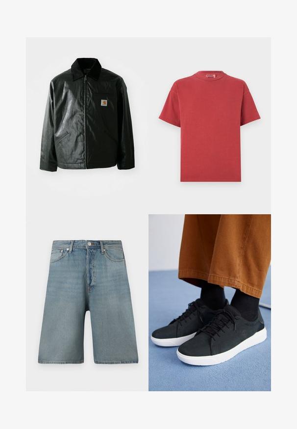 Mustat vetoketjulliset takit, jotka on valmistettu sileästä, kiiltävästä materiaalista. Sisältää kangastakin kauluksen, kaksi etutaskua ja pienen logopatchin rinnassa.; Punainen puuvillainen T-paita, jossa on pyöreä kaula-aukko ja lyhyet hihat. Paita on pehmeästä kankaasta ja rentoa mallista. Ei näkyviä kuvioita tai metalliosia.; Vaaleansiniset farkkushortsit, joissa on väljät leikkaukset, viisi taskua ja perinteinen nappisuljenta. Niissä on haalistuneet tahrat, jotka antavat kuluneen ilmeen.; Musta mokkanahkakengät valkoisilla kumipohjilla, joissa on nauhakiinnitys, teksturoituja yksityiskohtia ja huomaamatonta brändäystä, yhdistettynä ruskeisiin housuihin.