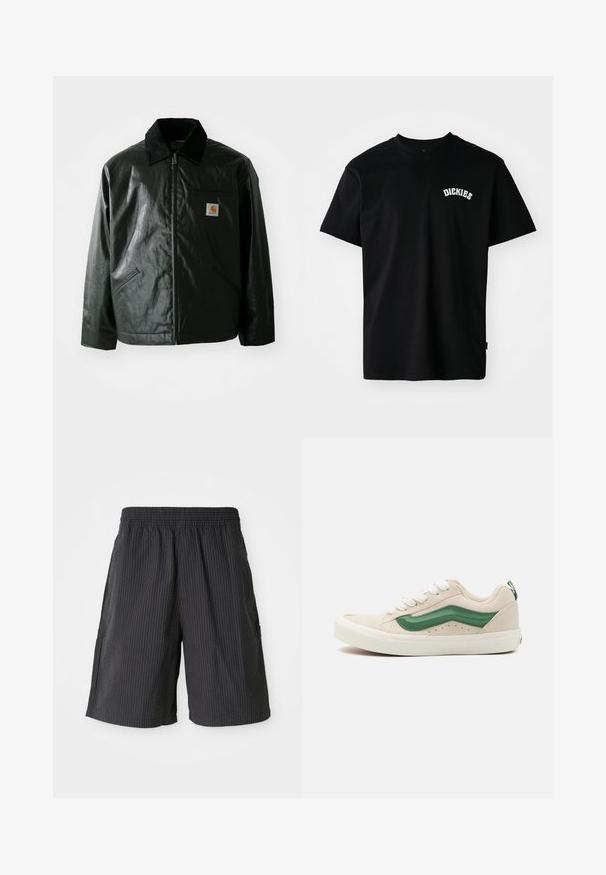 Chaqueta negra con cremallera hecha de un material liso y brillante. Presenta un cuello de pana, dos bolsillos frontales y un pequeño parche con el logo en el pecho.; Camiseta de algodón negra de manga corta y cuello redondo. Lleva un logotipo curvado en blanco "DICKIES" en el pecho. Diseño simple, sin patrones.; Pantalones cortos negros con un diseño texturizado y acanalado, cinturilla elástica y dos bolsillos laterales. Estilo casual, longitud por encima de la rodilla.; Zapatilla de ante beige con acentos de cuero verde, punta redondeada, cordones blancos y detalles texturizados en los laterales. Suela de goma visible.