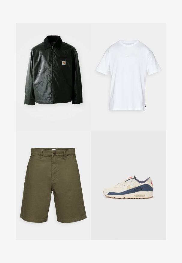 Mustat vetoketjulliset takit, jotka on valmistettu sileästä, kiiltävästä materiaalista. Sisältää kangastakin kauluksen, kaksi etutaskua ja pienen logopatchin rinnassa.; Valkoinen puuvillainen t-paita, jossa on lyhyet hihat ja pyöreä kaula-aukko. Paidassa on pieni, huomaamaton Nike-logo rinnassa ja sivulappu.; Oliivivihreät shortsit, jotka on valmistettu puuvillasta ja joissa on nappisulku. Ominaisuuksia ovat litteä etuosa, lyhyt pituus ja näkyvä ompelutaito.; Tennarit, joissa on kermanvärinen nahka ja merimiessininen mokka päällinen, näkyvällä ilmasoolalla, beige kumipohja ja punainen yksityiskohta kantapäässä.