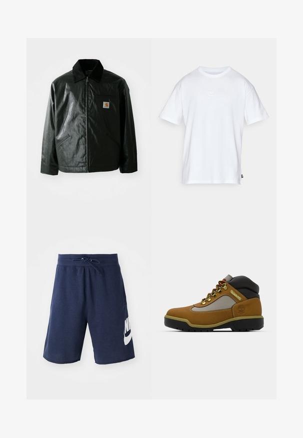 Černá zipová bunda vyrobená z hladkého, lesklého materiálu. Má jemný manžetový límec, dvě přední kapsy a malou značkovou nášivku na hrudi.; Bílý bavlněný tričko s krátkým rukávem a kulatým výstřihem. Na hrudi má malé, nenápadné logo Nike a boží štítek.; Námořnické modré sportovní šortky vyrobené z bavlněné směsi, s elastickým pasem na šňůrku, bočními kapsami a velkým bílým logem na levé nohavici.; Hnědá turistická bota s šedými a černými akcenty, strukturovaný kožený svršek, kovové očko a odolná gumová podrážka pro dobrou trakci.