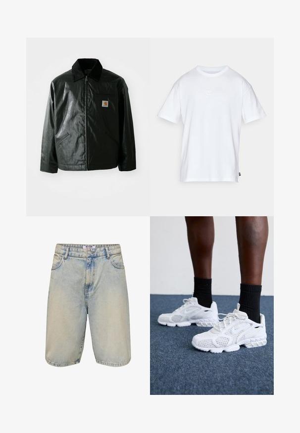 Black zip-up jacket made of smooth, shiny material. Features a corduroy collar, two front pockets, and a small logo patch on the chest.; White cotton t-shirt with short sleeves and a round neck. Features a small, subtle Nike logo on the chest and a side label.; Light blue denim shorts with a faded wash, a button closure, five pockets, and stitched accents along the hem and pocket edges.; White athletic shoes with mesh upper, textured accents, and cushioned sole. Paired with black ribbed ankle socks on a blue carpeted surface.