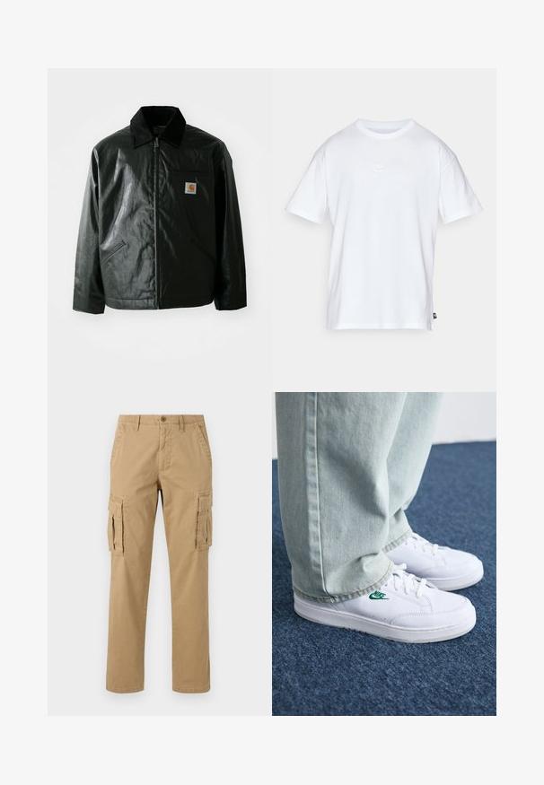 Svart zip-up jacka gjord av slätt, glänsande material. Har en manchesterkrage, två framfickor och en liten logotyp på bröstet.; Vit bomull t-shirt med korta ärmar och rund hals. Har en liten, diskret Nike-logotyp på bröstet och en sidetikett.; Beige cargobyxor med två sidofickor, knappstängning, rak bendesign och ett mjukt, texturerat tyg.; Vita lädersneakers med grön Nike-logga, rund tå, platt sula, kombinerade med ljusblå denimbyxor, visade på en blå matta.