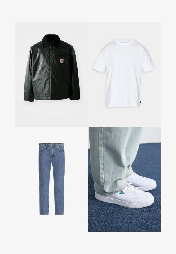 Black zip-up jacket made of smooth, shiny material. Features a corduroy collar, two front pockets, and a small logo patch on the chest.; White cotton t-shirt with short sleeves and a round neck. Features a small, subtle Nike logo on the chest and a side label.; Light blue denim jeans with a straight-leg cut, five pockets, and contrasting stitching. Slightly faded for a worn look. Chunky metal button.; White leather sneakers with green Nike logo, round toe, flat sole, paired with light blue denim pants, shown on a blue carpet.