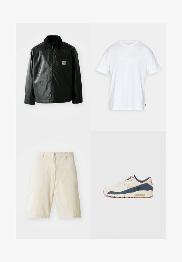 Fekete zipzáros dzseki sima, fényes anyagból. Kordbársony gallérral, két elülső zsebbel és egy kis logós felvarrással a mellkason.; Fehér pamut póló, rövid ujjakkal és kerek nyakkivágással. Jellemzője egy kis, diszkrét Nike logó a mellkason és egy oldalsó címke.; Beige színű pamut rövidnadrág egyenes szabással, gombos és cipzáros záródással, két elülső zsebbel és sima textúrával. Nincsenek látható minták vagy díszítések.; Tejszínbőr és tengerészkék velúr felsőrésszel rendelkező sporty cipők, látható légsóléval, bézs gumitalppal és piros részlettel a saroknál.