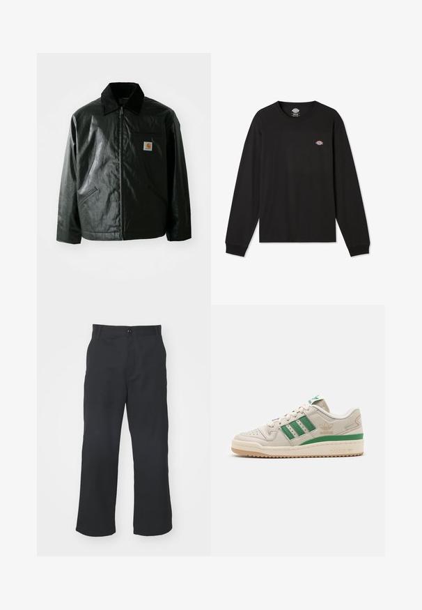 Čierna bundu na zips vyrobenú z hladkého, lesklého materiálu. Obsahuje kordový golier, dve predné vrecká a malú nášivku s logom na hrudi.; Čierny dlhý rukáv, tričko z bavlny, s malým viacfarebným logom Dickies na ľavej hrudi a ribbovanými manžetami.; Čierne nohavice s rovnými nohavicami vyrobené z látky s hladkým povrchom, s predným zapínaním na gombík a štandardnými vreckami.; Tenisky Adidas s hornou časťou z béžovej kože, zelenými pruhmi a gumovou podrážkou. Majú polstrovaný golier a perforovanú špičku pre lepšiu priedušnosť.