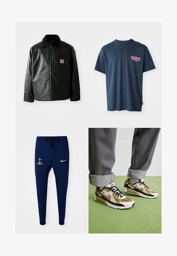 Black zip-up jacket made of smooth, shiny material. Features a corduroy collar, two front pockets, and a small logo patch on the chest.; Navy blue cotton t-shirt featuring a pink printed logo on the chest with the text "Dickies Quality Made Workwear." Short sleeves, standard fit.; Navy sweatpants featuring an embroidered logo on the upper left leg and a small yellow Nike swoosh on the lower right leg.; Nike Air Max 90 sneakers in beige and black, featuring mesh and leather materials, visible cushioning, and black laces.