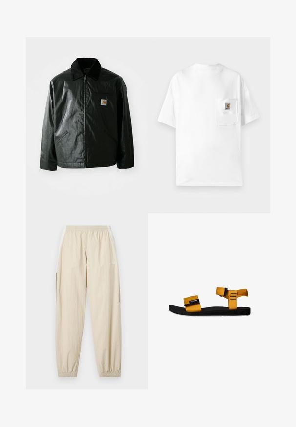 Svart zip-up jacka gjord av slätt, glänsande material. Har en manchesterkrage, två framfickor och en liten logotyp på bröstet.; Vit bomullströja med rund hals, korta ärmar och en bröstficka med en logotext. Minimalistisk design och sömlös struktur.; Beiga lätta joggers med elastisk midja, manschett vid anklarna, sidofickor och subtil Nike-logotyp i vitt på vänster lår.; Gul tygsandal med två justerbara remmar, svart gummisula, texturerad fotbädd och vit detalj på yttersulan. Sido vy.