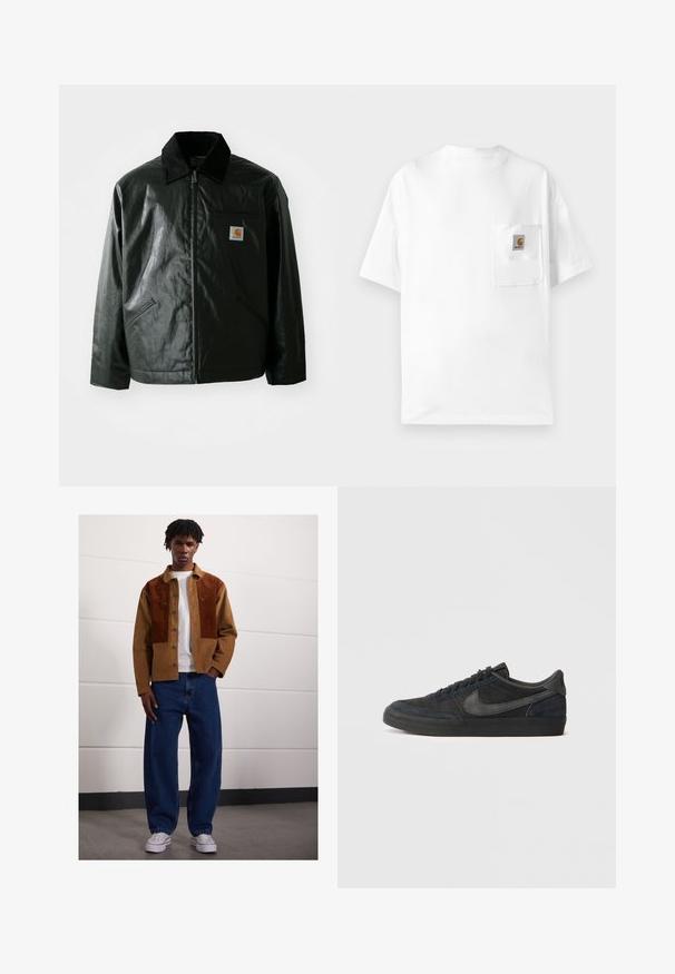 Juodas užtrauktuku užsegamas švarkas, pagamintas iš glotnaus, blizgaus medžiagos. Savybė - keteros apykaklė, dvi priekinės kišenės ir mažas logotipo ženklelis ant krūtinės.; Baltas medvilnės marškinėliai su apvaliu kaklu, trumpomis rankovėmis ir krūtinės kišene, kurios dizainas papuoštas logotipo pleistru. Minimalistinis dizainas ir vientisa tekstūra.; Vyras, stovintis patalpose, apsirengęs rudų veliūrinių švarku su rust spalvos dėmėmis, balta marškinėliais, laisvomis mėlynomis džinsomis ir baltais sportbačiais.; Juodi suediniai sportbačiai su žemu profiliu, guminiu padu, tekstūruotomis šoninėmis dalimis ir toniniu Nike swoosh logo. Su raišteliais priekyje, paminkštintu apykakle.