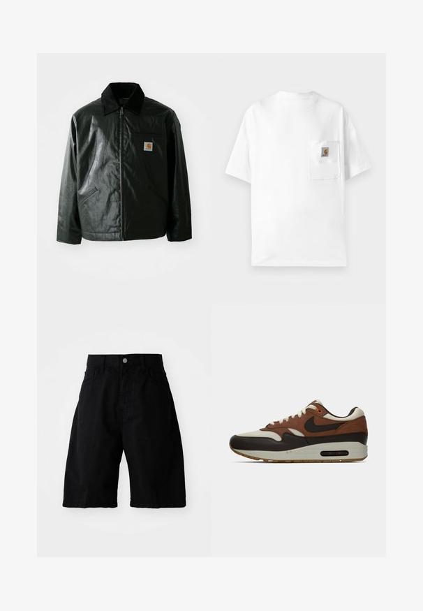 Zwarte ritssluiting jas van glad, glanzend materiaal. Heeft een corduroy kraag, twee voorzakken en een klein logo label op de borst.; Witte katoenen T-shirt met een ronde hals, korte mouwen en een borstzak met een logo-patch. Minimalistisch ontwerp en naadloze textuur.; Zwarte katoenen shorts hebben een ontspannen pasvorm, twee zijzakken, een knoopsluiting en schone randen, geschikt voor casual kleding.; Bruine, crème en zwarte Nike Air Max sneaker met zichtbare luchtkussen zool en vetersluiting, weergegeven in zijprofiel op een witte achtergrond.