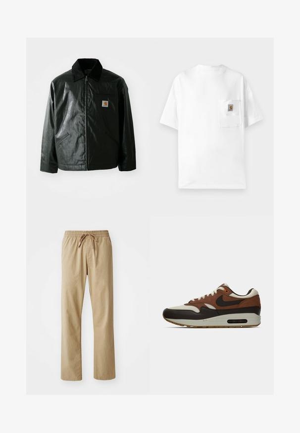 Black zip-up jacket made of smooth, shiny material. Features a corduroy collar, two front pockets, and a small logo patch on the chest.; White cotton t-shirt with a round neck, short sleeves, and a chest pocket featuring a logo patch. Minimalist design and seamless texture.; Light beige trousers with an elastic waistband and drawstring. Made of soft fabric, featuring straight legs and a smooth texture.; Brown, cream, and black Nike Air Max sneaker with visible air cushion sole and lace-up design, shown in side profile on a white background.