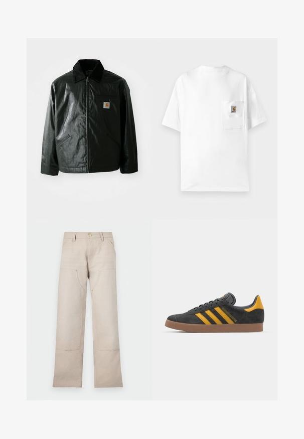 Black zip-up jacket made of smooth, shiny material. Features a corduroy collar, two front pockets, and a small logo patch on the chest.; White cotton t-shirt with a round neck, short sleeves, and a chest pocket featuring a logo patch. Minimalist design and seamless texture.; Beige cotton pants with a straight-leg design, featuring two front pockets and two zippered accents. Gold-tone hardware highlights.; Black suede sneaker with yellow accents, featuring three stripes and a brown rubber sole. Includes a padded tongue for comfort.