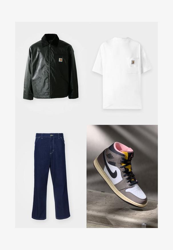 Černá zipová bunda vyrobená z hladkého, lesklého materiálu. Má jemný manžetový límec, dvě přední kapsy a malou značkovou nášivku na hrudi.; Bílý bavlněný tričko s kulatým výstřihem, krátkými rukávy a náprsní kapsou s logem. Minimalistický design a hladká struktura.; Tmavě modré džíny s rovnou nohavicemi, vybavené světle prošitými detaily a předním zapínáním na knoflík. Hladká textura.; Bílé, šedé a černé vysoké tenisky Nike Air Jordan s růžovým interiérem a žlutým jazykem, umístěné na betonovém povrchu.