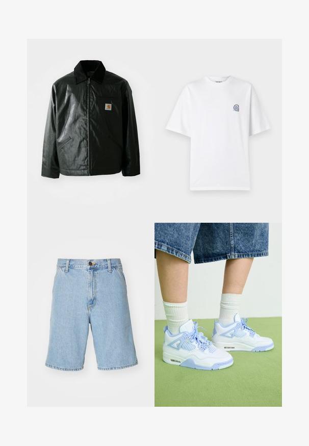 Chaqueta negra con cremallera hecha de un material liso y brillante. Presenta un cuello de pana, dos bolsillos frontales y un pequeño parche con el logo en el pecho.; Camiseta de algodón blanca con cuello redondo y mangas cortas. Presenta un pequeño logotipo azul en el lado izquierdo del pecho. Textura suave.; Shorts de mezclilla azul claro con un corte relajado, que cuentan con cremallera, cierre de botón y cuatro bolsillos. La tela tiene una textura suave.; Zapatillas blancas y azul claro con acentos de malla, puntera redondeada, cordones y una unidad de amortiguación de aire, combinadas con calcetines blancos de canalé y pantalones cortos de mezclilla.