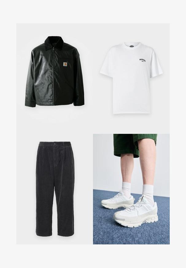 Zwarte ritssluiting jas van glad, glanzend materiaal. Heeft een corduroy kraag, twee voorzakken en een klein logo label op de borst.; Witte katoenen t-shirt, korte mouwen, ronde hals, bevat zwart "Dickies" logo op de linkerkant van de borst. Gladde textuur, ontspannen pasvorm.; Donkergrijze corduroybroek met een losse pasvorm, voorzien van een knoopsluiting, plooien en een cropped lengte, met een ribbelstructuur.; Witte sportieve schoenen met textuuroverlays, een dikke zool en grijze accenten. Draag ze met witte crew-sokken en groene shorts op een blauwe ondergrond.