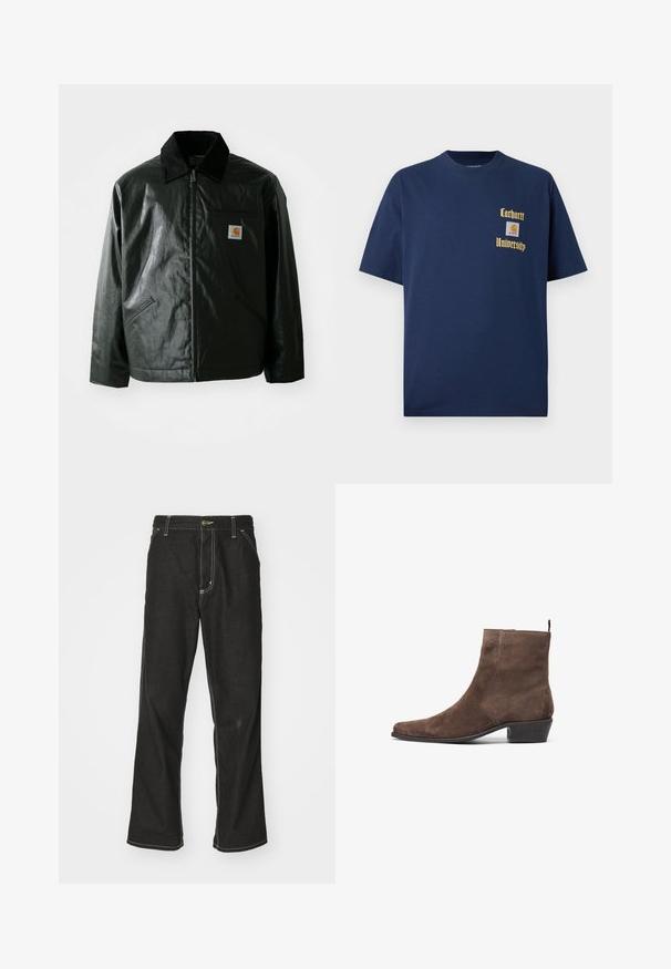 Casaco preto com fecho éclair, feito de material liso e brilhante. Apresenta um colarinho de veludo, dois bolsos frontais e um pequeno emblema no peito.; T-shirt de algodão azul-marinho com mangas curtas, apresentando texto dourado "Carhartt University" e um emblema no lado esquerdo do peito.; Calças de ganga pretas de corte largo, com costuras brancas em contraste, fecho de botão e design de perna reta.; Botim de tornozelo em camurça castanha com bico pontiagudo, salto baixo em bloco e uma alça na parte de trás para facilitar o calçar. Textura suave e design simples.