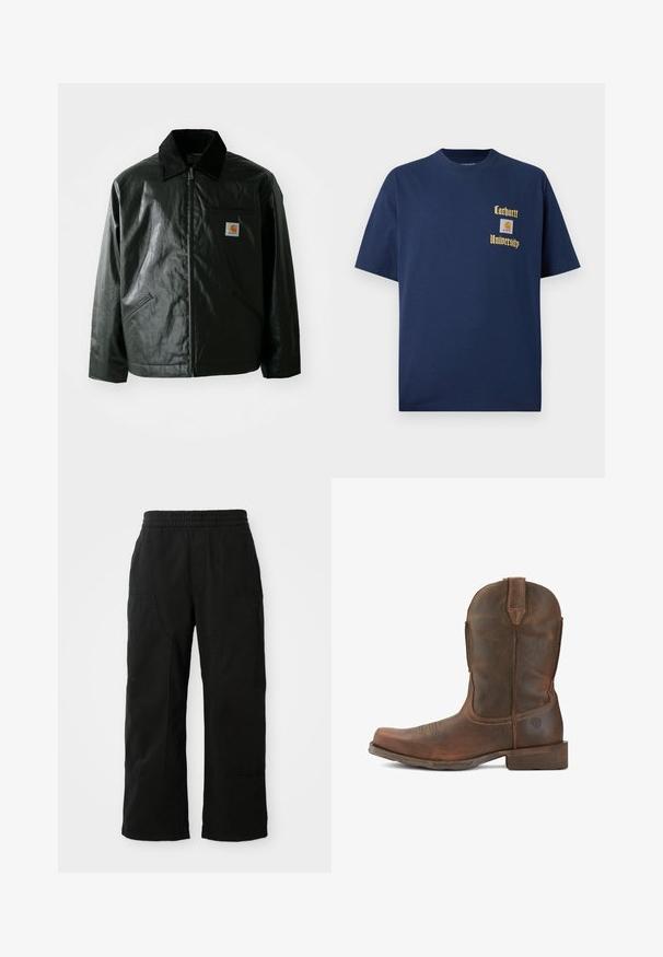 Chaqueta negra con cremallera hecha de un material liso y brillante. Presenta un cuello de pana, dos bolsillos frontales y un pequeño parche con el logo en el pecho.; Camiseta de algodón azul marino de manga corta, con texto dorado "Carhartt University" y un parche de logo en el lado izquierdo del pecho.; Pantalones de algodón negros con una cinturilla elástica, diseño de pierna ancha y grandes bolsillos laterales. La tela parece suave con una textura lisa.; Ariat WESTERN RAMBLER - Botines camperos - wicker