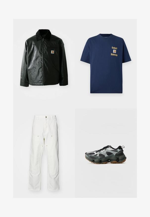 Črna jakna na zadrgo, izdelana iz gladkega, sijočega materiala. Ima žametni ovratnik, dva sprednja žepa in majhno oznako logotipa na prsih.; Navy modra bombažna majica s kratkimi rokavi, z zlatim napisom "Carhartt University" in logotipom na levem prsnem delu.; Bela bombažna cargo hlače z udobnim krojem. Značilnosti vključujejo sprednje žepe, zlato poudarjeno kovinsko opremo in ojačane kolenske dele.; Črne in sive atletske čevlje z mrežastim zgornjim delom, oblikovanim podplatom in gumijastim podplatom. Imajo varen sistem vezalk in zanko na peti.
