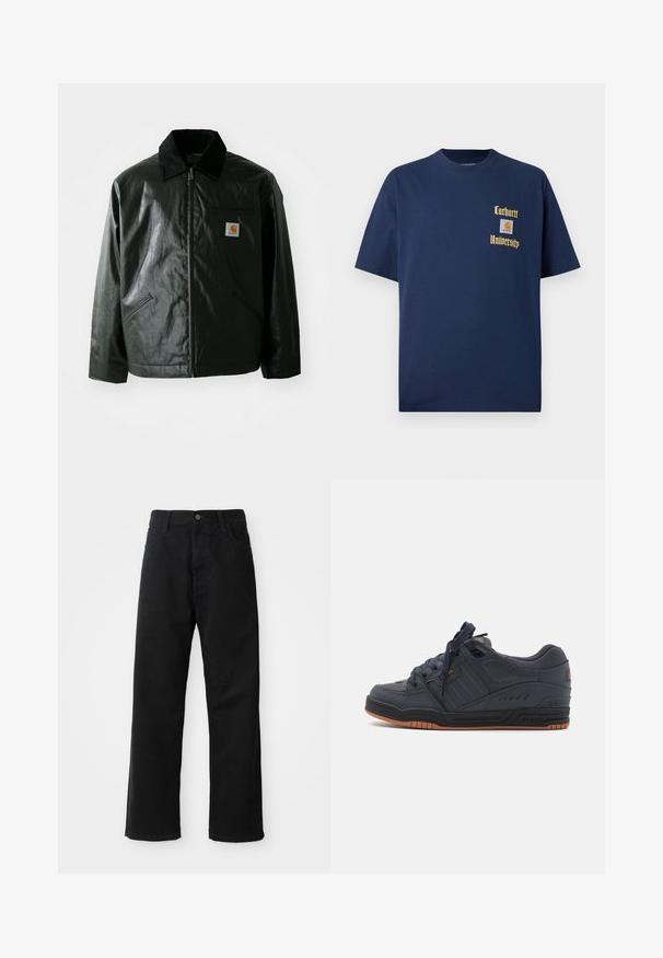 Zwarte ritssluiting jas van glad, glanzend materiaal. Heeft een corduroy kraag, twee voorzakken en een klein logo label op de borst.; Marineblauwe katoenen T-shirt met korte mouwen, voorzien van gouden tekst "Carhartt University" en een logo-label op de linkerborst.; Zwarte denim broek met een rechte pasvorm, voorzien van voorzakken, een rits en een enkele bovenste knoop. Gestructureerde stof met een matte afwerking.; Globe FUSION - Skateschoenen - phantom/burnt orange