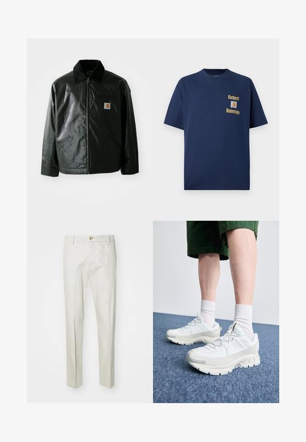 Casaco preto com fecho éclair, feito de material liso e brilhante. Apresenta um colarinho de veludo, dois bolsos frontais e um pequeno emblema no peito.; T-shirt de algodão azul-marinho com mangas curtas, apresentando texto dourado "Carhartt University" e um emblema no lado esquerdo do peito.; Calças bege claras feitas de um tecido macio e texturizado. Apresentam um fecho de botão, passantes para cinto e pernas retas. Design limpo e bem ajustado.; Sapatos atléticos brancos com sobreposições texturizadas, sola espessa e detalhes em cinza. Usados com meias brancas até ao tornozelo e calções verdes sobre uma superfície azul.