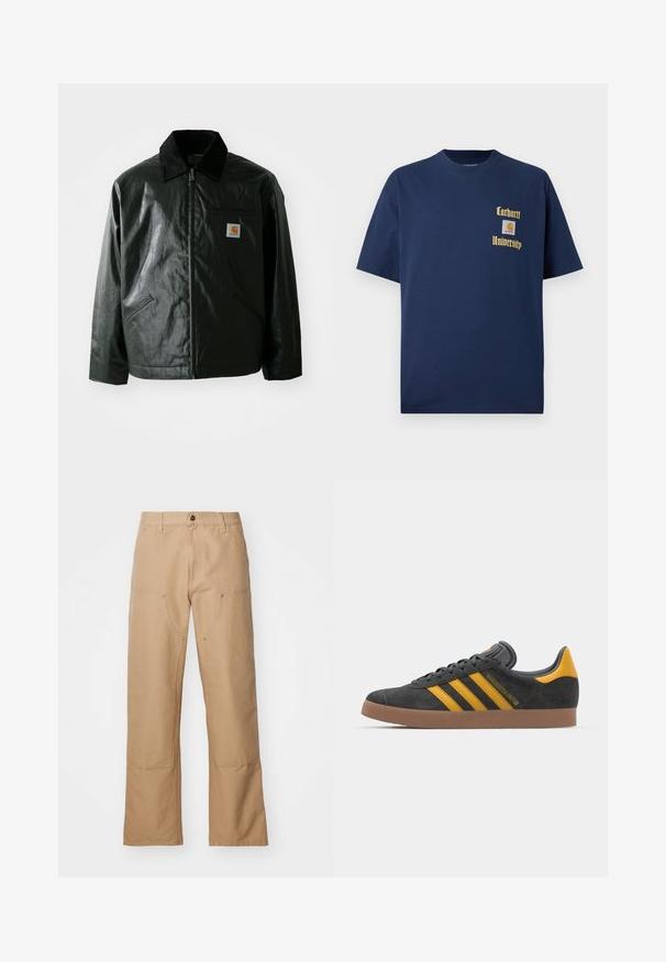 Black zip-up jacket made of smooth, shiny material. Features a corduroy collar, two front pockets, and a small logo patch on the chest.; Navy blue cotton t-shirt with short sleeves, featuring gold text "Carhartt University" and a logo patch on the left chest.; Beige wide-leg trousers made from canvas, featuring front pockets, golden hardware accents, and a flat front design.; Black suede sneaker with yellow accents, featuring three stripes and a brown rubber sole. Includes a padded tongue for comfort.