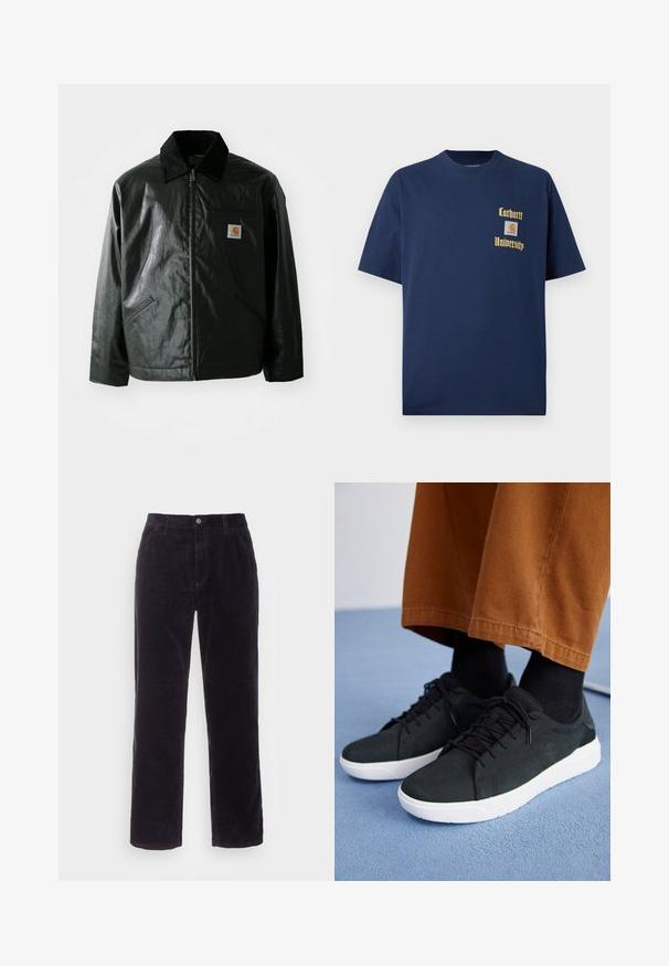 Svart zip-up jakke laget av jevnt, blankt materiale. Har en kordfløyelskrage, to frontlommer og en liten logo-lapp på brystet.; Mørk blå bomull t-skjorte med korte ermer, med gulltekst "Carhartt University" og et logo-patch på venstre bryst.; Carhartt WIP SINGLE KNEE PANT - Bukse - dark navy rinsed; Svarte semskede sneakers med hvite gummisåler, med snøring, teksturerte detaljer og subtil branding, sammen med brune bukser.
