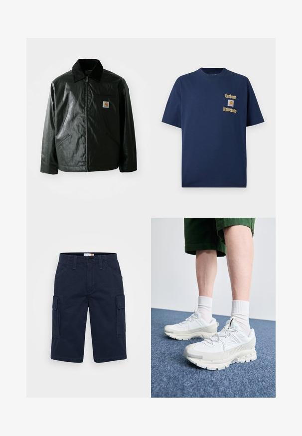 Melnā zip-up jaka, izgatavota no gludas, spīdīgas materiāla. Ir korduroja apkakle, divas priekšējās kabatas un neliela logo placdarma uz krūtīm.; Tumši zila kokvilnas T-krekls ar īsām piedurknēm, ar zelta tekstu "Carhartt University" un logo uzšuvumu kreisajā krūtī.; Jūras spēku krāsas kokvilnas šorti, ar sānu kabatām, pogu aizdari un izšuvuma detaļām. Taisna piegriezuma, ar ceļa garuma apdari.; Baltas sporta apavi ar teksturētām detaļām, masīvu zoli un pelēkiem akcentiem. Valkāti ar baltiem zeķu pēdu apģērbiem un zaļām šortiem uz zilas virsmas.