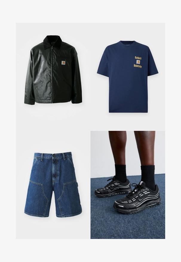 Casaco preto com fecho éclair, feito de material liso e brilhante. Apresenta um colarinho de veludo, dois bolsos frontais e um pequeno emblema no peito.; T-shirt de algodão azul-marinho com mangas curtas, apresentando texto dourado "Carhartt University" e um emblema no lado esquerdo do peito.; Calções de ganga com um tom de azul escuro, apresentando grandes bolsos frontais, um fecho com botão e costuras visíveis ao longo das costuras.; Os sapatos pretos da Nike apresentam um upper em malha com riscas de destaque, atacadores texturizados e uma sola de borracha preta. Usados com meias pretas caneladas.