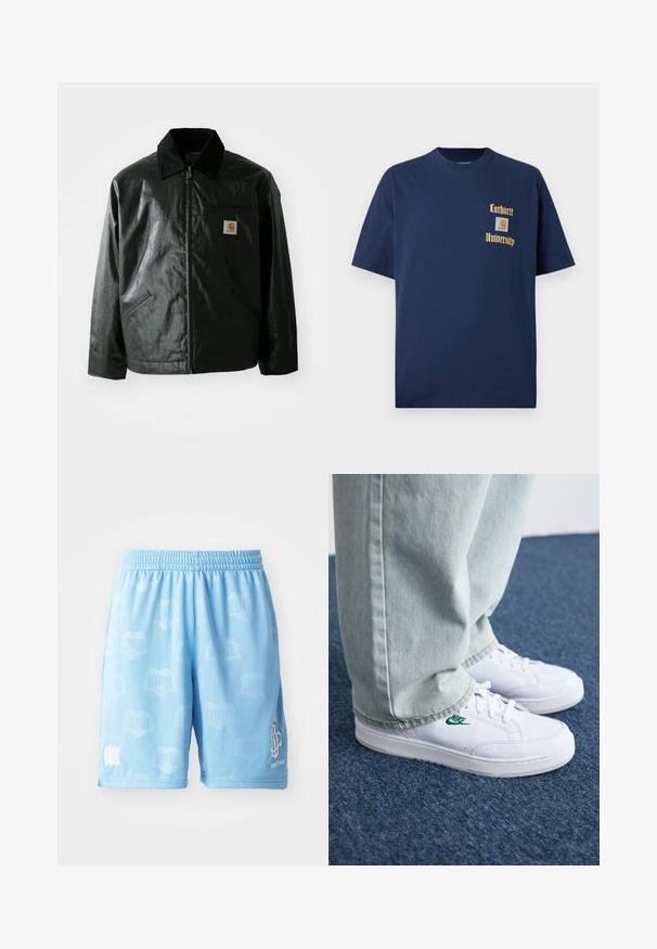 Svart zip-up jacka gjord av slätt, glänsande material. Har en manchesterkrage, två framfickor och en liten logotyp på bröstet.; Marinblå bomull t-shirt med korta ärmar, med guldtexten "Carhartt University" och en logopatch på vänster bröst.; Ljusblåa träningsshorts i mjukt material, med ett subtilt mönster, elastisk midja och tryckta logotyper på det ena benet.; Vita lädersneakers med grön Nike-logga, rund tå, platt sula, kombinerade med ljusblå denimbyxor, visade på en blå matta.