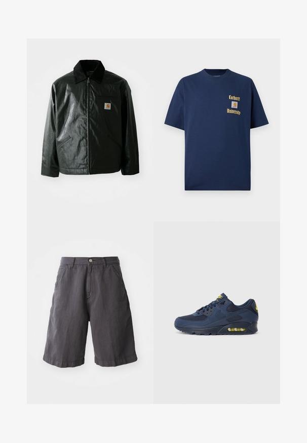 Veste noire zippée en matériau lisse et brillant. Elle dispose d'un col en velours côtelé, de deux poches avant et d'un petit écusson logo sur la poitrine.; T-shirt en coton bleu marine à manches courtes, avec le texte doré "Carhartt University" et un écusson logo sur la poitrine gauche.; Shorts en coton gris foncé à coupe décontractée, avec une fermeture à bouton, des passants de ceinture et des poches latérales, conçus avec un ourlet simple.; Baskets Nike Air Max bleu marine avec une tige en suède et en maille, présentant des accents jaunes, un devant à lacets et un partiellement visible amorti d'air dans la semelle.