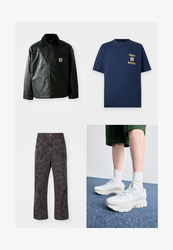 Černá zipová bunda vyrobená z hladkého, lesklého materiálu. Má jemný manžetový límec, dvě přední kapsy a malou značkovou nášivku na hrudi.; Námořnická modrá bavlněná tričko s krátkým rukávem, se zlatým textem "Carhartt University" a nášivkou na levé hrudi.; Carhartt WIP DUCK SINGLE KNEE PANT - Kalhoty - green/graphite garment dyed; Bílé sportovní boty s texturovanými překryvy, masivní podrážkou a šedými akcenty. Na nohou mají bílé ponožky a zelené šortky na modrém povrchu.
